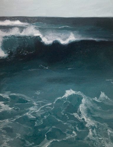 Olas grandes rompiendo sobre un mar agitado en tonos azules y verdes.