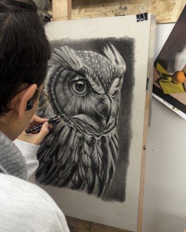 Dibujo en carboncillo de un búho, con atención al detalle en plumas y expresión.