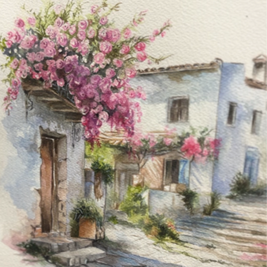 Casa blanca con flores rosas en la entrada, calle empedrada y ambiente tranquilo.